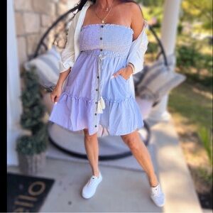 J.NNA Boutique Strapless Blue Dress with Button Detail